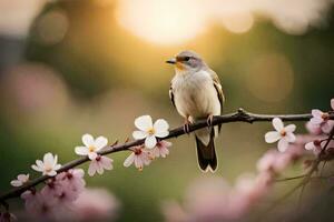 une oiseau est assis sur une branche avec fleurs dans le Contexte. généré par ai photo