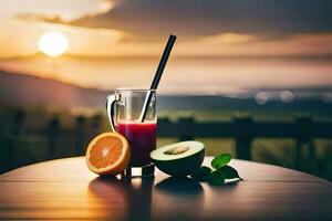 une verre de jus avec un Orange tranche et une paille. généré par ai photo