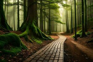 une chemin par une forêt avec moussu des arbres. généré par ai photo