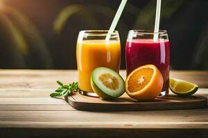 deux des lunettes de jus avec des oranges et citrons. généré par ai photo