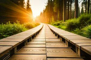 une en bois passerelle dans le milieu de une forêt. généré par ai photo