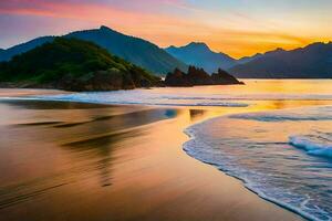 le coucher du soleil sur le plage avec montagnes dans le Contexte. généré par ai photo