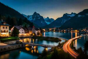 le magnifique ville de alpin dans le Alpes à nuit. généré par ai photo