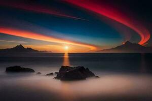 le Soleil monte plus de le océan et montagnes. généré par ai photo