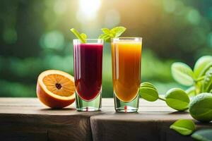 deux des lunettes de jus avec des oranges et menthe feuilles. généré par ai photo