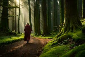 une femme dans une rouge peignoir des promenades vers le bas une chemin dans le forêt. généré par ai photo