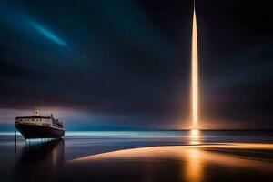 une bateau est séance sur le l'eau à nuit. généré par ai photo