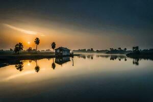 une petit maison est assis sur le rive de une Lac à le coucher du soleil. généré par ai photo