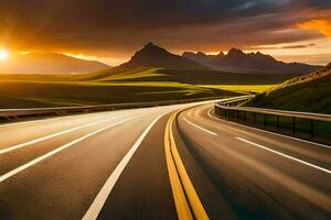 une Autoroute avec une le coucher du soleil dans le Contexte. généré par ai photo