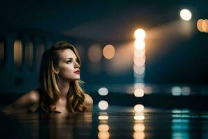 magnifique femme dans le bassin à nuit. généré par ai photo