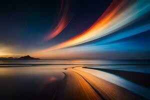 une longue exposition photographier de une plage à le coucher du soleil. généré par ai photo