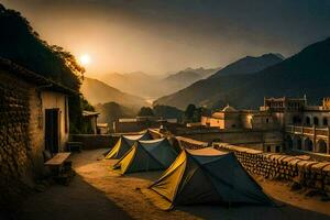 tentes dans le montagnes à le coucher du soleil. généré par ai photo