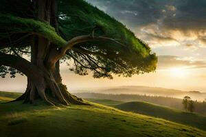 une arbre sur une colline avec le Soleil réglage derrière il. généré par ai photo