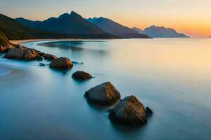 une longue exposition photographier de une plage à le coucher du soleil. généré par ai photo