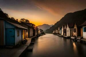 photo fond d'écran le ciel, eau, montagnes, Maisons, le soleil, le montagnes, le l'eau. généré par ai