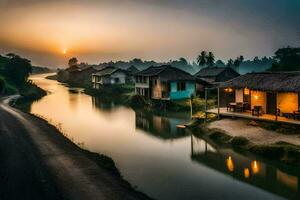 une rivière dans le milieu de une village à le coucher du soleil. généré par ai photo