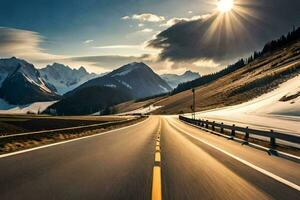 une route dans le montagnes avec Soleil brillant. généré par ai photo