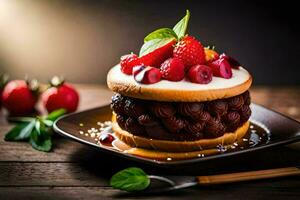 une Chocolat gâteau avec des fraises et crème sur une plaque. généré par ai photo