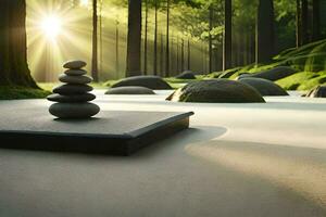 une Zen jardin avec des pierres et une arbre. généré par ai photo
