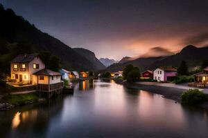 photo fond d'écran le ciel, montagnes, rivière, Maisons, le ciel, Norvège, le montagnes. généré par ai