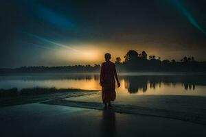 une homme dans rouge robes des stands sur le rive de une Lac à le coucher du soleil. généré par ai photo