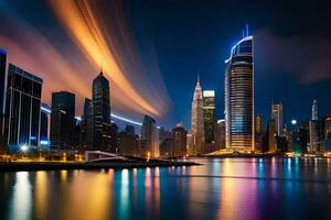 le ville horizon à nuit dans Dubai. généré par ai photo