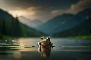 une grenouille séance sur le bord de une Lac dans de face de montagnes. généré par ai photo