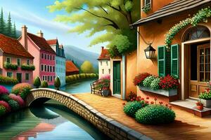 une La peinture de une petit ville avec une pont et fleurs. généré par ai photo