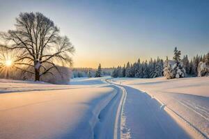 une neigeux paysage avec une route et des arbres. généré par ai photo