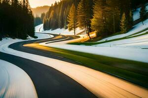 une enroulement route dans le montagnes avec neige. généré par ai photo