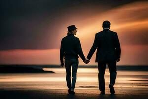 deux Hommes en portant mains en marchant sur le plage à le coucher du soleil. généré par ai photo