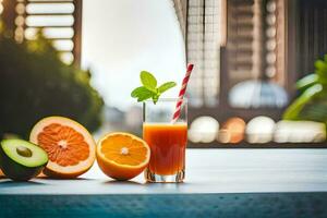 un Orange jus et une tranche de Avocat. généré par ai photo