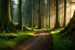 une chemin par une forêt avec des arbres et lumière du soleil. généré par ai photo