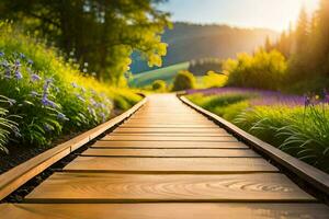 en bois chemin dans le campagne. généré par ai photo