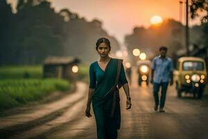 une femme en marchant vers le bas une route à le coucher du soleil. généré par ai photo