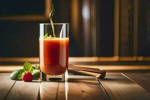 une verre de jus avec une fraise garnir sur une en bois tableau. généré par ai photo