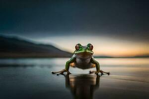 une grenouille permanent sur le plage à le coucher du soleil. généré par ai photo