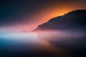 une brumeux lever du soleil plus de une Lac avec des arbres et montagnes. généré par ai photo