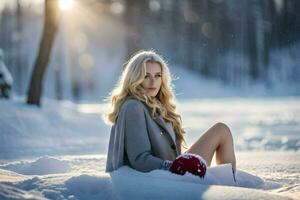 une magnifique blond femme séance dans le neige. généré par ai photo