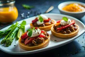 Trois mini tartes avec des légumes et sauce sur une plaque. généré par ai photo