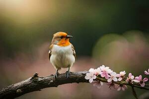 une oiseau est assis sur une branche avec rose fleurs. généré par ai photo