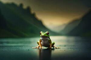 une grenouille séance sur le bord de une lac. généré par ai photo