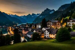 le village de Suisse à le coucher du soleil. généré par ai photo