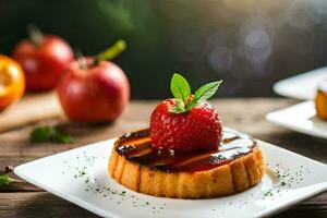 une dessert avec des fraises et une Cerise sur Haut. généré par ai photo