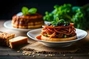 deux assiettes avec nourriture sur leur et une pièce de pain. généré par ai photo