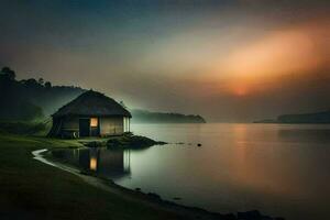 une petit cabane est assis sur le rive de une Lac à le coucher du soleil. généré par ai photo