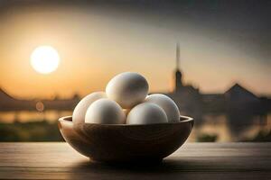 des œufs dans une bol sur une table avec une le coucher du soleil dans le Contexte. généré par ai photo