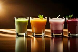 cinq différent les types de smoothies dans lunettes. généré par ai photo