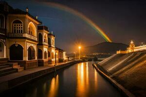 une arc en ciel est vu plus de une rivière à nuit. généré par ai photo