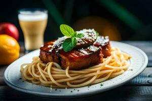 une assiette de spaghetti et Viande sur une en bois tableau. généré par ai photo